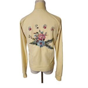 BCBG MAX AZRIA Yellow Embroidered Zip Up Sweater - Size Large